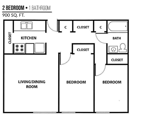 A floor plan of a 2 bedroom apartment with 1 bathroom.